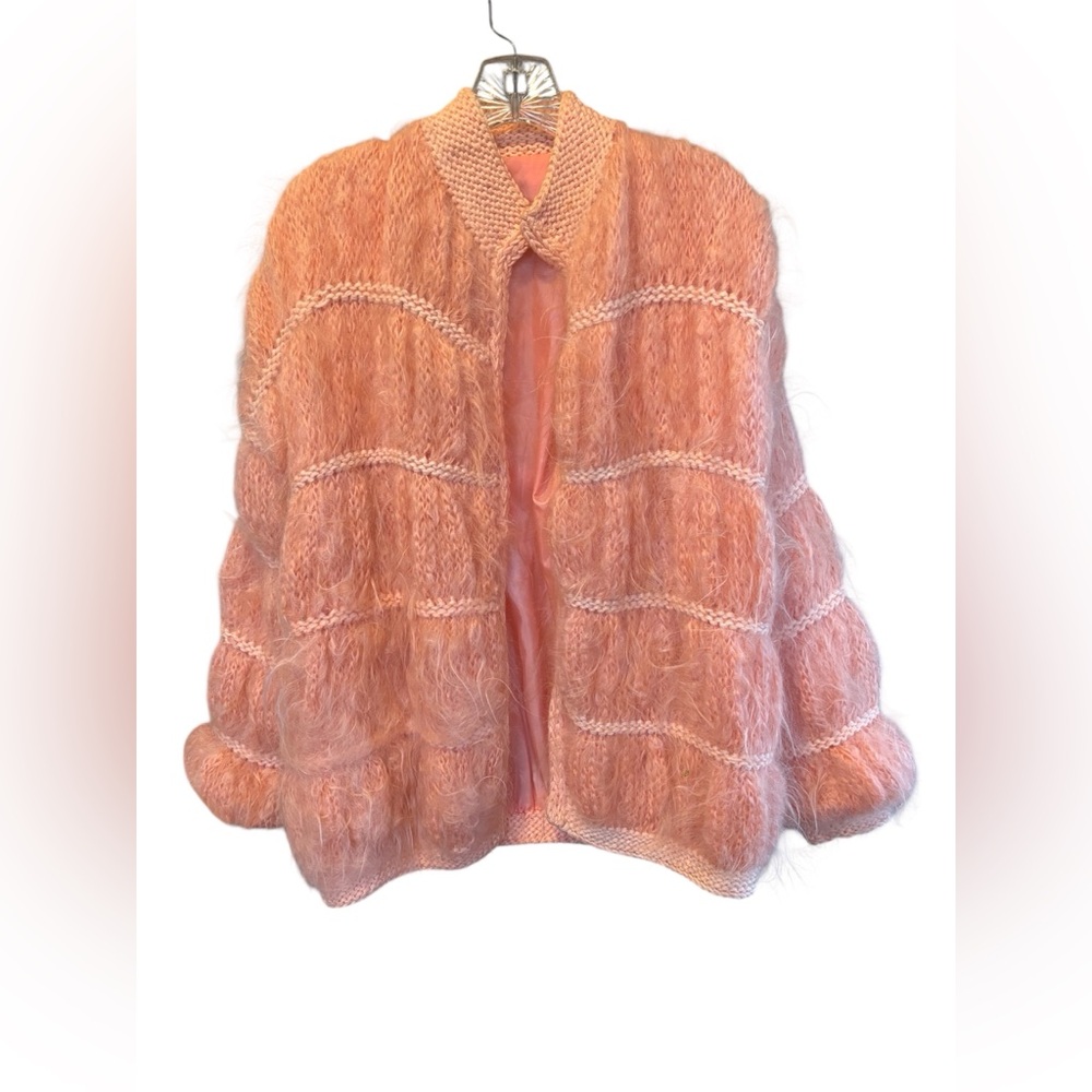 Vintage 1960s Oversized Shaggy Pink Crochet Mohair Sweater Cardigan Jacket M/L